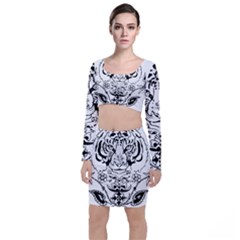 Tiger Animal Decoration Flower Long Sleeve Crop Top & Bodycon Skirt Set by Celenk