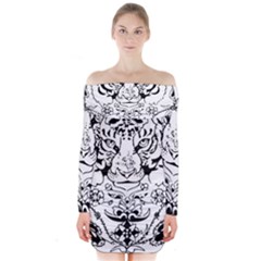 Tiger Animal Decoration Flower Long Sleeve Off Shoulder Dress by Celenk