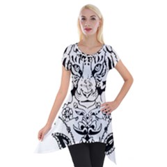 Tiger Animal Decoration Flower Short Sleeve Side Drop Tunic by Celenk