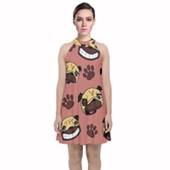 Happy Pugs Velvet Halter Neckline Dress 