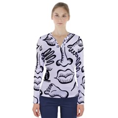 Anatomy Icons Shapes Ear Lips V-neck Long Sleeve Top