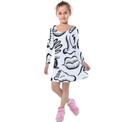 Anatomy Icons Shapes Ear Lips Kids  Long Sleeve Velvet Dress by Celenk