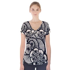 Background Abstract Beige Black Short Sleeve Front Detail Top by Celenk