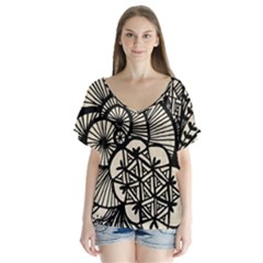 Background Abstract Beige Black V-neck Flutter Sleeve Top by Celenk