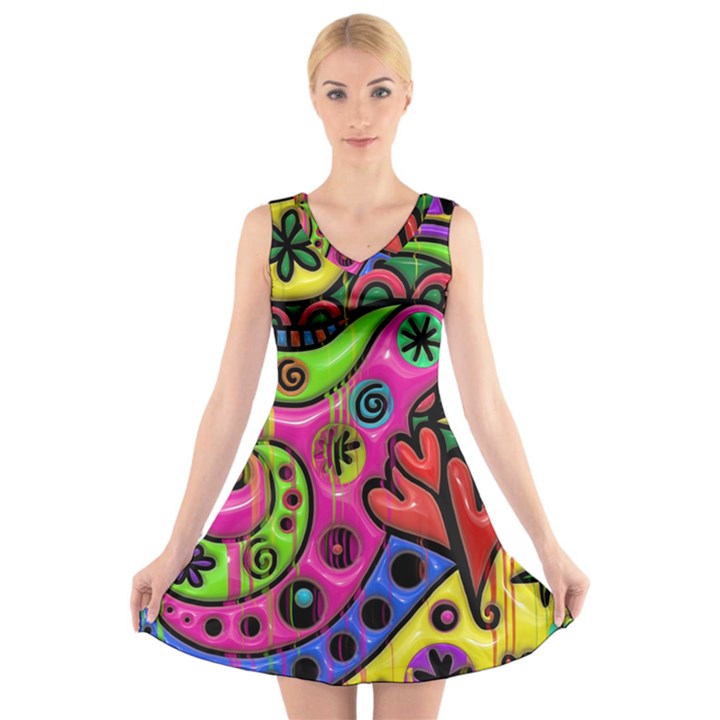 Seamless Texture Pattern Tile V-Neck Sleeveless Skater Dress