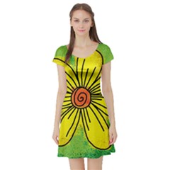 Flower Cartoon Painting Painted Short Sleeve Skater Dress by Celenk