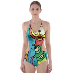 Painting Painted Ink Cartoon Cut-out One Piece Swimsuit by Celenk