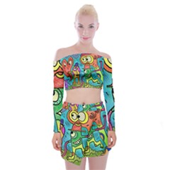 Painting Painted Ink Cartoon Off Shoulder Top With Mini Skirt Set by Celenk