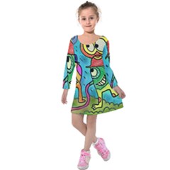 Painting Painted Ink Cartoon Kids  Long Sleeve Velvet Dress by Celenk