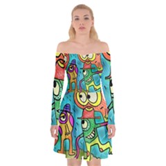 Painting Painted Ink Cartoon Off Shoulder Skater Dress by Celenk