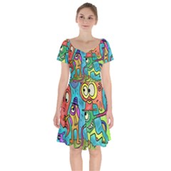 Painting Painted Ink Cartoon Short Sleeve Bardot Dress by Celenk