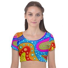 Abstract Pattern Painting Shapes Velvet Short Sleeve Crop Top  by Celenk