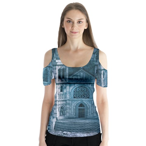 Church Stone Rock Building Butterfly Sleeve Cutout Tee  by Celenk