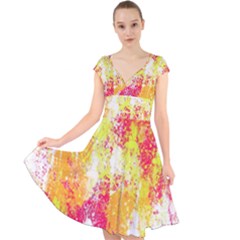 Painting Spray Brush Paint Cap Sleeve Front Wrap Midi Dress