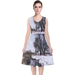 Winter Bach Wintry Snow Water V-neck Midi Sleeveless Dress  by Celenk