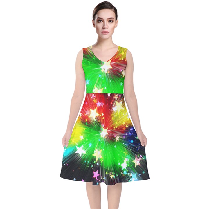 Star Abstract Pattern Background V-Neck Midi Sleeveless Dress 