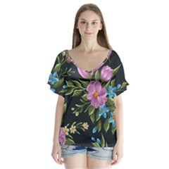 Beautiful Floral Pattern V-neck Flutter Sleeve Top