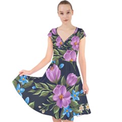 Beautiful Floral Pattern Cap Sleeve Front Wrap Midi Dress by allthingseveryone