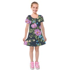 Beautiful Floral Pattern Kids  Short Sleeve Velvet Dress