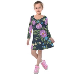 Beautiful Floral Pattern Kids  Long Sleeve Velvet Dress