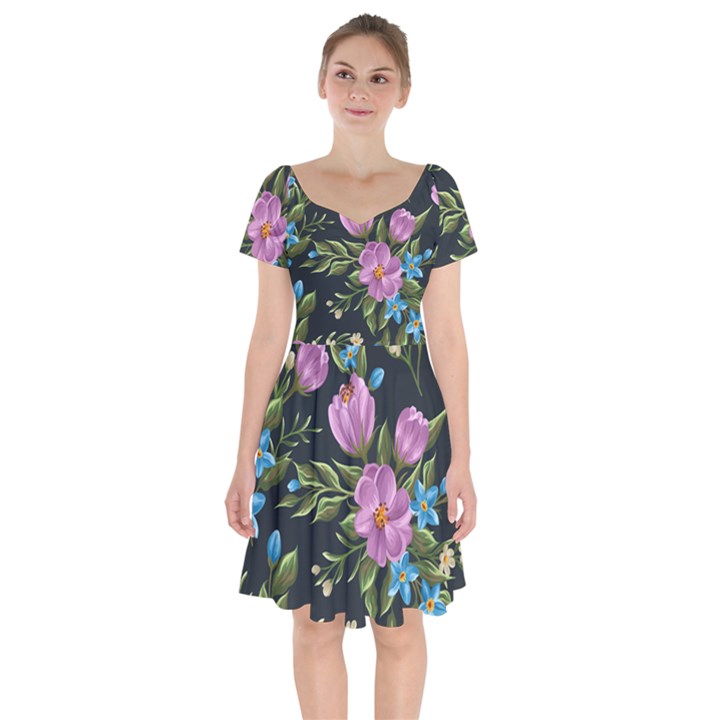 Beautiful Floral Pattern Short Sleeve Bardot Dress