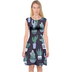 Cactus Pattern Capsleeve Midi Dress