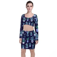 Cactus Pattern Long Sleeve Crop Top & Bodycon Skirt Set