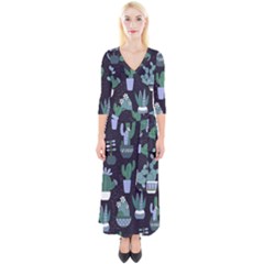 Cactus Pattern Quarter Sleeve Wrap Maxi Dress