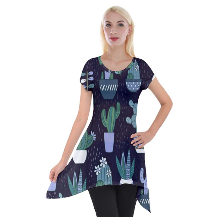 Cactus Pattern Short Sleeve Side Drop Tunic