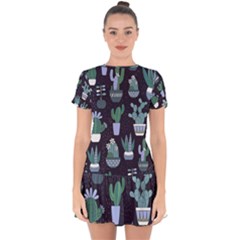 Cactus Pattern Drop Hem Mini Chiffon Dress