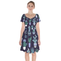 Cactus Pattern Short Sleeve Bardot Dress