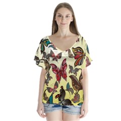 Colorful Butterflies V-neck Flutter Sleeve Top by allthingseveryone