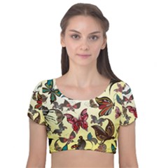 Colorful Butterflies Velvet Short Sleeve Crop Top  by allthingseveryone