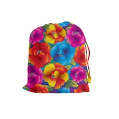 Neon Colored Floral Pattern Drawstring Pouches (large)  by allthingseveryone