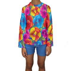 Neon Colored Floral Pattern Kids  Long Sleeve Swimwear by allthingseveryone