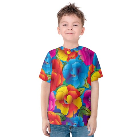 Neon Colored Floral Pattern Kids  Cotton Tee by allthingseveryone