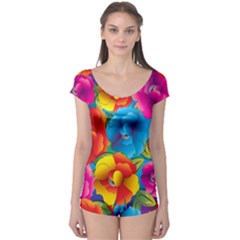 Neon Colored Floral Pattern Boyleg Leotard  by allthingseveryone