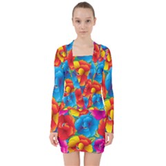 Neon Colored Floral Pattern V-neck Bodycon Long Sleeve Dress by allthingseveryone