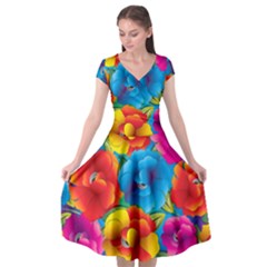 Neon Colored Floral Pattern Cap Sleeve Wrap Front Dress by allthingseveryone