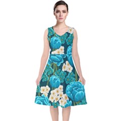 Light Blue Roses And Daisys V-neck Midi Sleeveless Dress 