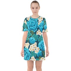 Light Blue Roses And Daisys Sixties Short Sleeve Mini Dress