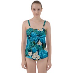 Light Blue Roses And Daisys Twist Front Tankini Set