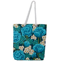 Light Blue Roses And Daisys Full Print Rope Handle Tote (large)