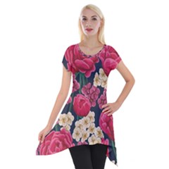 Pink Roses And Daisies Short Sleeve Side Drop Tunic by allthingseveryone