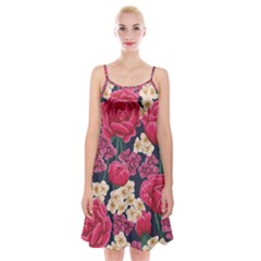 Pink Roses And Daisies Spaghetti Strap Velvet Dress