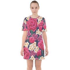 Pink Roses And Daisies Sixties Short Sleeve Mini Dress by allthingseveryone