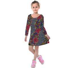 Aboriginal Art - Campsite Kids  Long Sleeve Velvet Dress