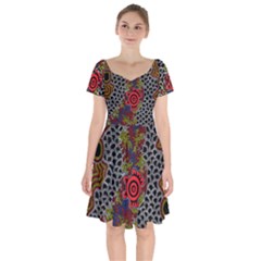 Aboriginal Art - Campsite Short Sleeve Bardot Dress by hogartharts