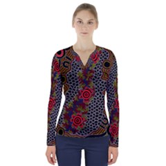 Aboriginal Art - Waterholes V-neck Long Sleeve Top by hogartharts