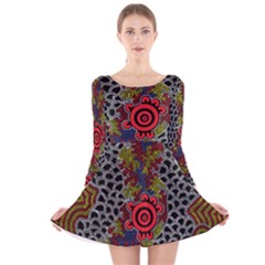 Aboriginal Art - Meeting Places Long Sleeve Velvet Skater Dress